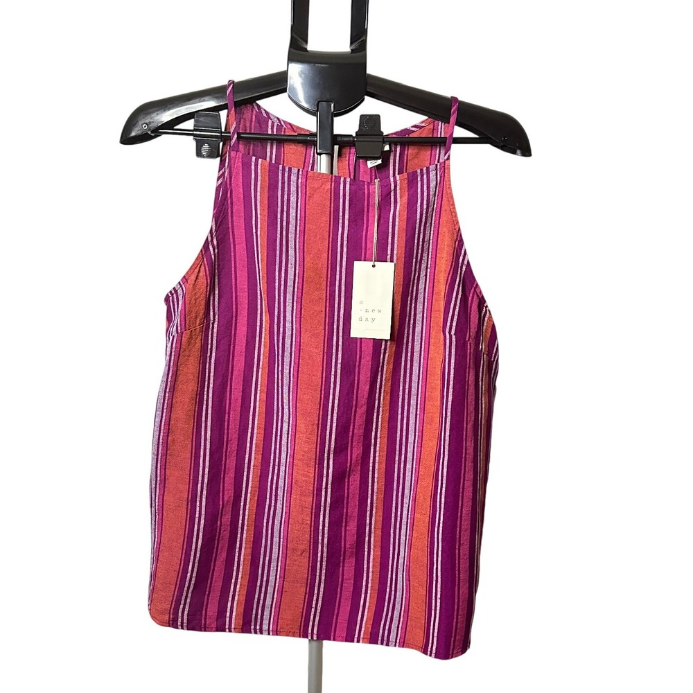 A New Day Womens Linen Blend Striped Tank Top Purple Orange Pink Size L NWT